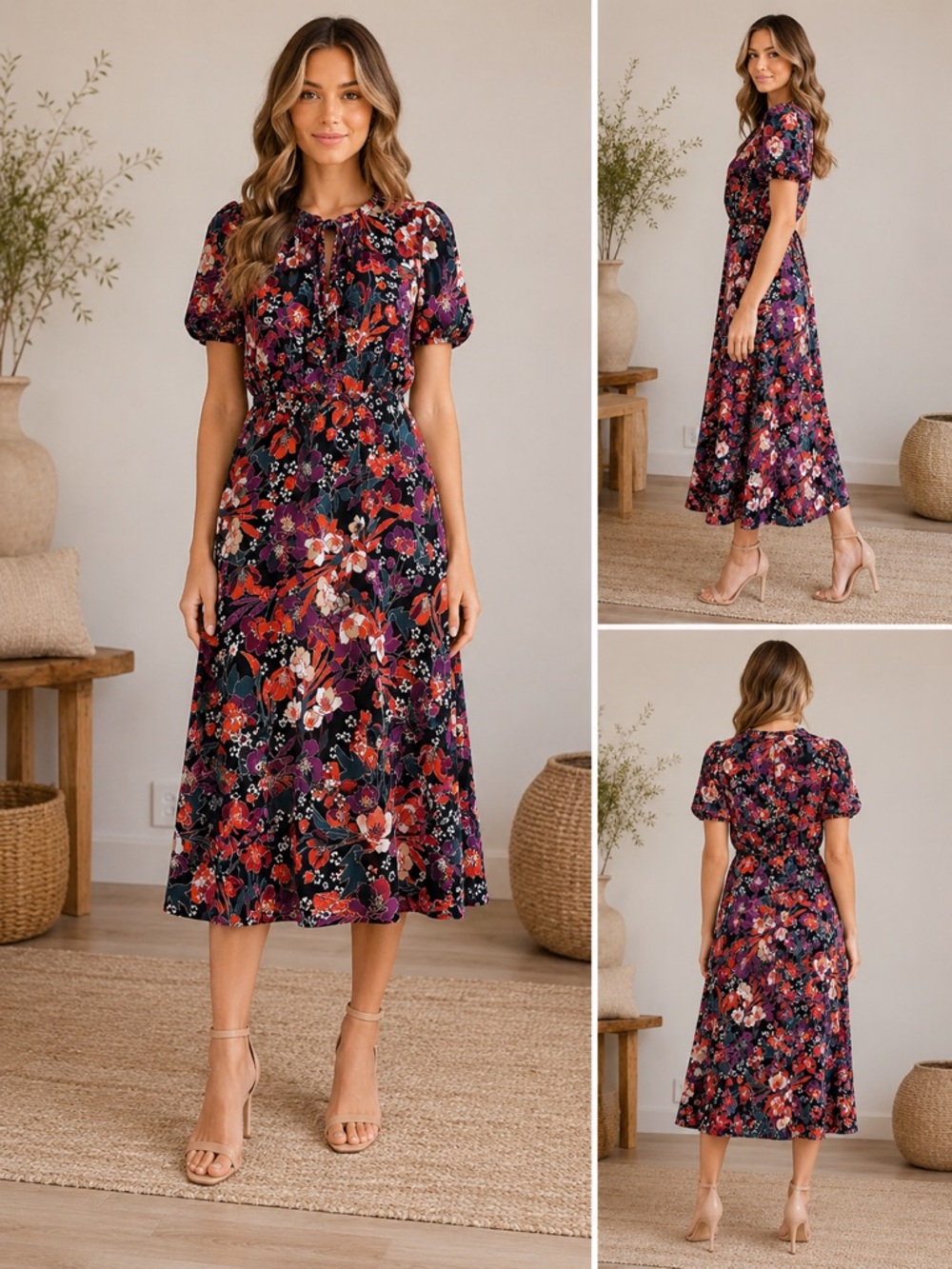 Julia Jordan Floral Midi Dress Size 8 Puff Sleeve Mock Neck Black Red Tie Back